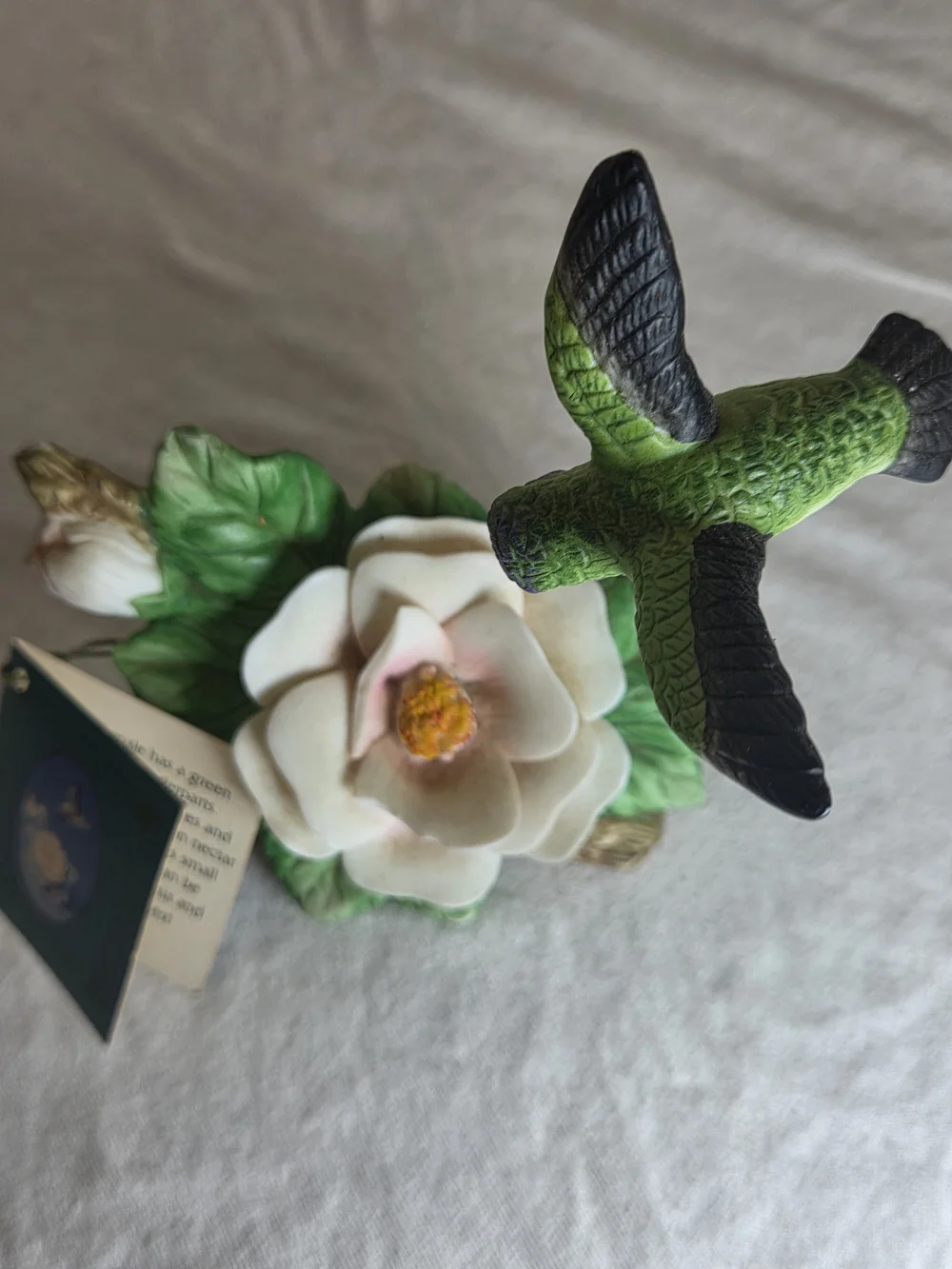 Porcelain Floral Bird Figurine - Green Hummingbird Decorative Accent